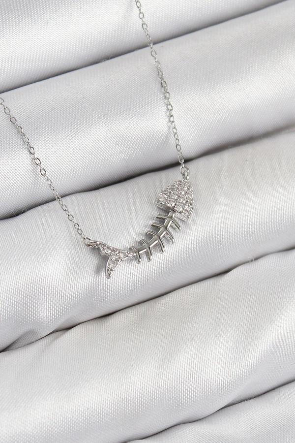 Pirinç Zirkon Taşlı Balık Kılçığı Model Gümüş Renk Kadın Kolye - Image 1