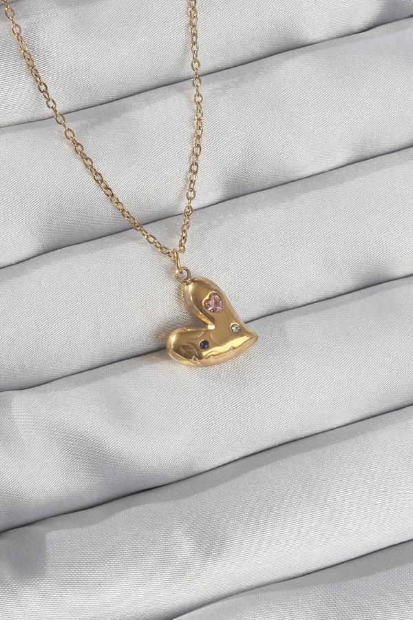 316L Çelik Zincir Gold Renk Renkli Zirkon Taşlı Kalp Kolye - Image 1