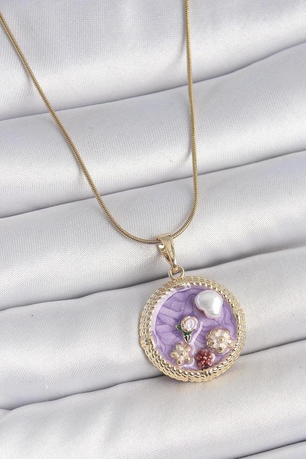 316L Çelik Gold Renk Zincir Mor Mineli İncili Çiçek İşlemeli Madalyon Model Kadın Kolye - Image 1