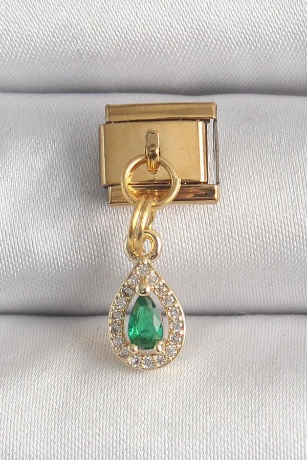 316L Çelik Gold Renk Sallantı Damla Yeşil Zirkon Taşlı Nomination Charm - Image 1