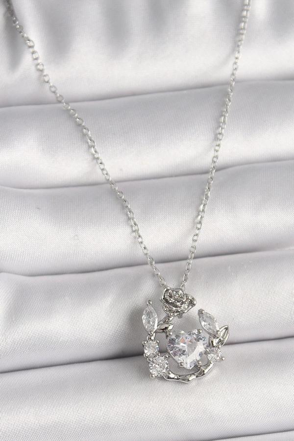 316L Çelik Gümüş Renk Zincir Zirkon Taşlı Kalp Figür Gül Detay Kadın Kolye - Image 1