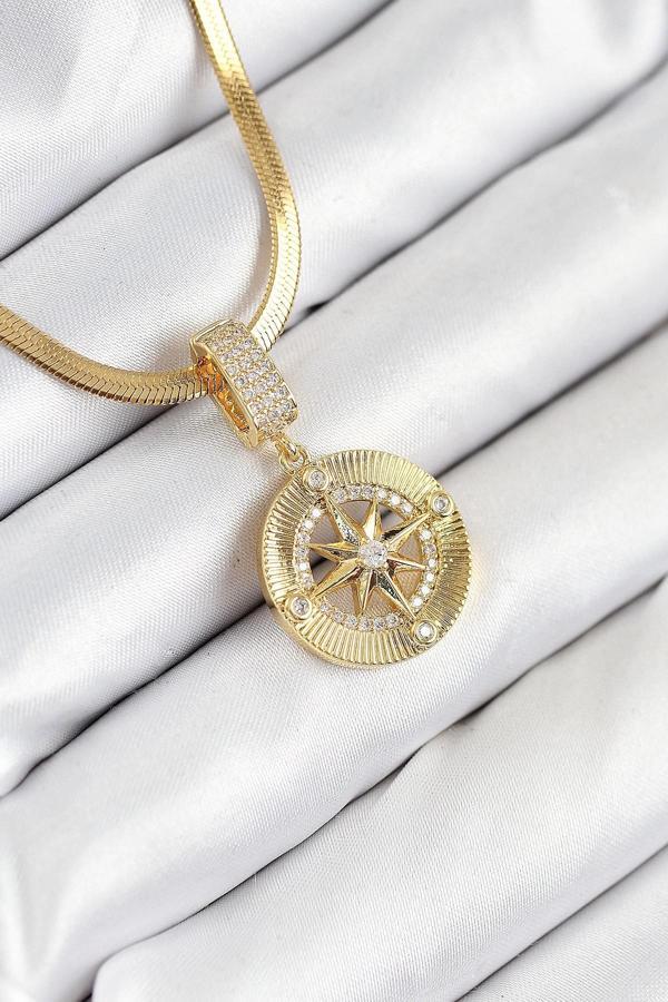 316L Çelik Zirkon Taşlı Pusula Model Gold Renk Kadın Kolye - Image 1