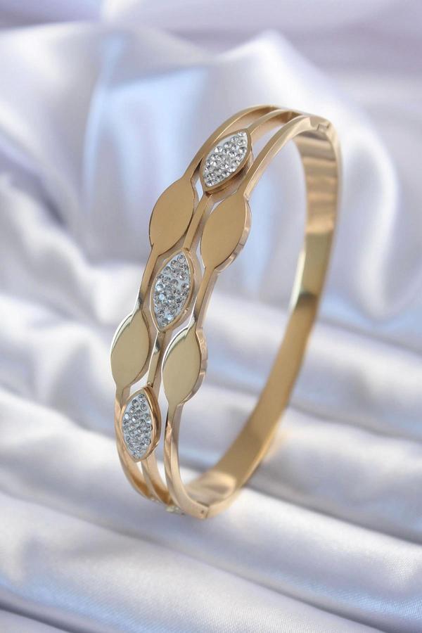 316L Çelik Gold Renk Arpa Model Zirkon Taş Detay Kadın Kelepçe Bileklik - Image 1