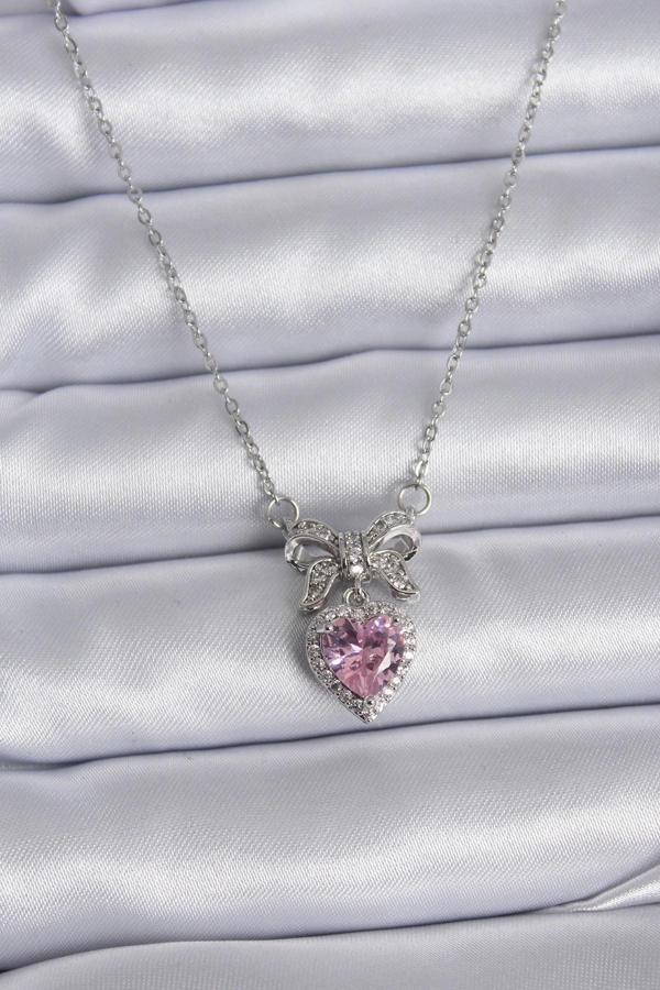 316L Çelik Gümüş Renk Zincir Pembe Kristal Kalp Zirkon Taşlı Kurdele Model Kadın Kolye - Image 1