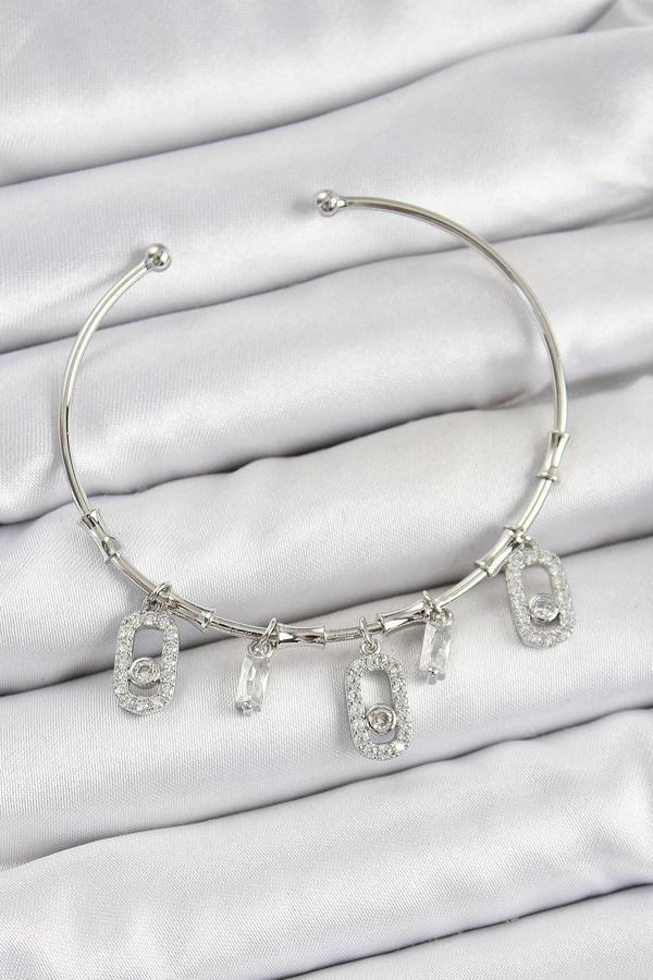 Pirinç Zirkon Taşlı Dikdörtgen Model Gümüş Renk Charm Bileklik - Image 1