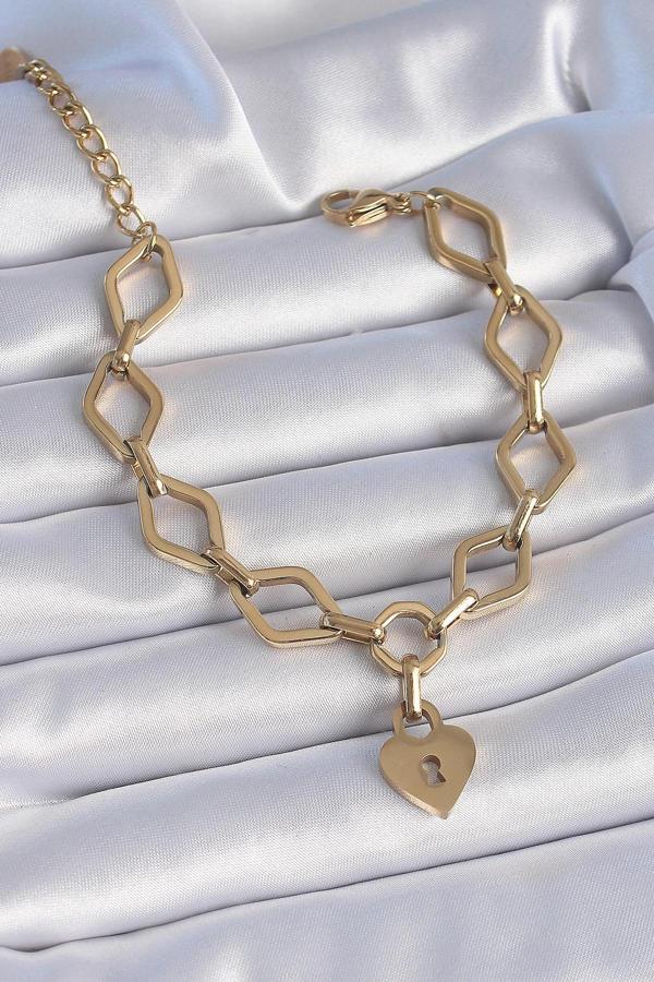 316L Çelik Gold Renk Zincir Model Kilit Kalp Figür Kadın Bileklik - Image 1