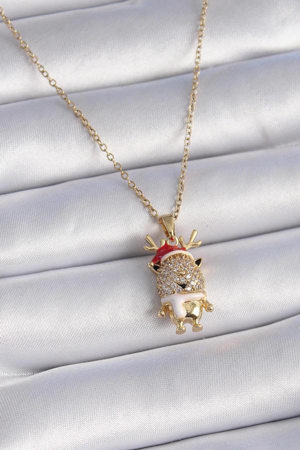 316L Çelik Gold Renk Zirkon Taşlı Yılbaşı Temalı Ren Geyiği Figür Kadın Kolye - Image 1