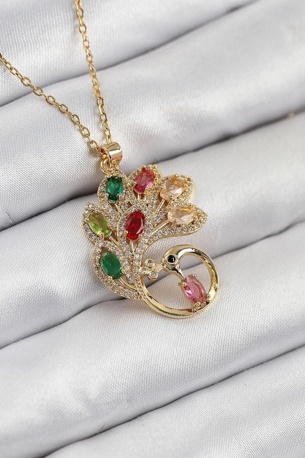 316L Çelik Zirkon Taşlı Tavus Kuşu Model Gold Renk Kadın Kolye - Image 1