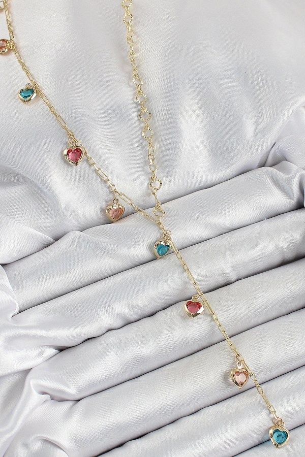 Pirinç Asorti Kalp Model Gold Renk Zirkon Taşlı Y Kolye - Image 1