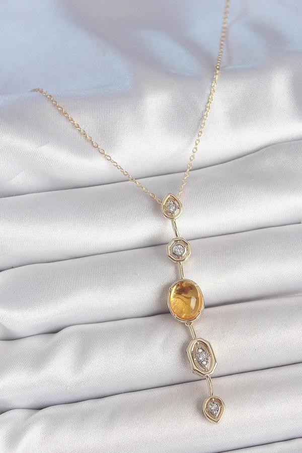 Pirinç Zincir Kehribar Sarı Gold Renk  Zirkon Taşlı Y Kolye - Image 1