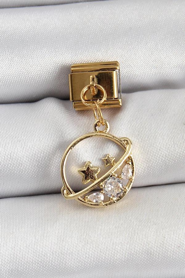 316L Çelik Sallantılı Zirkon Taşlı Satürn Model Gold Renk Nomination Charm - Image 1