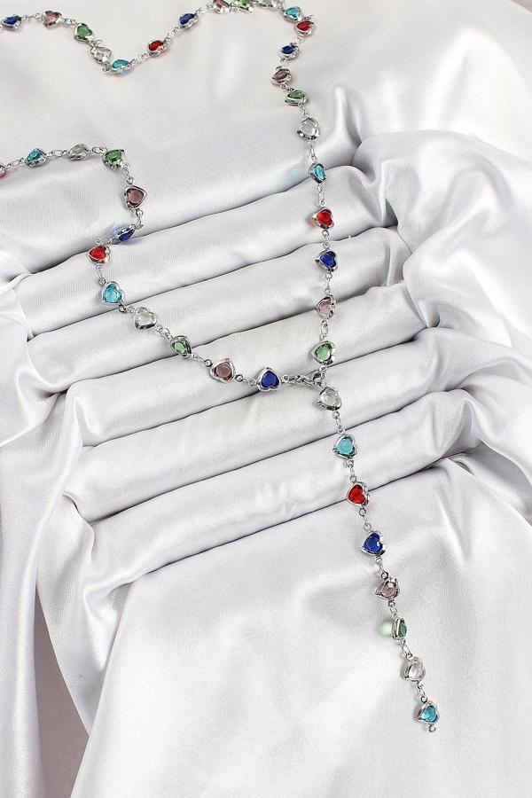 Pirinç Gümüş Renk Karışık Renk Zirkon Taşlı Kalpli Y Kadın Kolye - Image 1