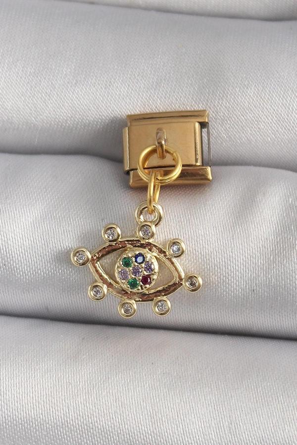 316L Çelik Gold Renk Sallantı Zirkon Taşlı Göz Model Nomination Charm - Image 1