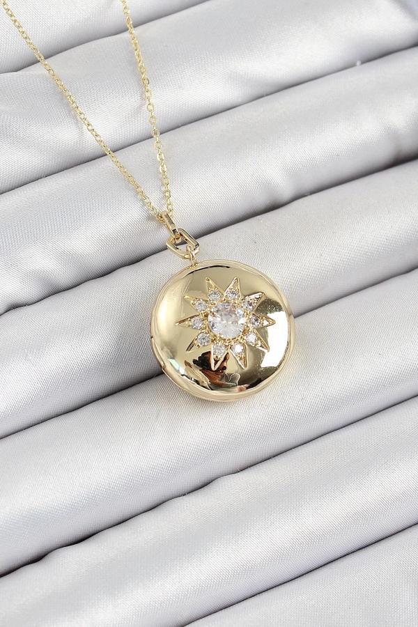 316L Çelik Zincir Açılabilir Madalyon Model Zirkon Taşlı Gold Renk Kadın Kolye - Image 1