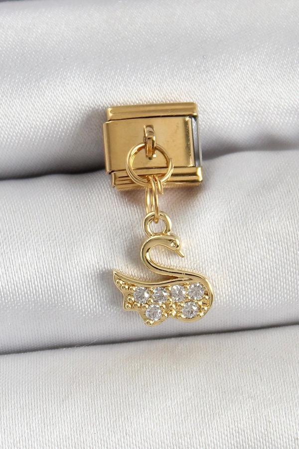 316L Çelik Sallantılı Zirkon Taşlı KuğuModel Gold Renk Nomination Charm - Image 1