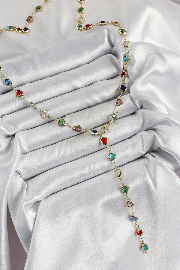 Pirinç Gold Renk Karışık Renk Zirkon Taşlı Kalpli Y Kadın Kolye - Image 1