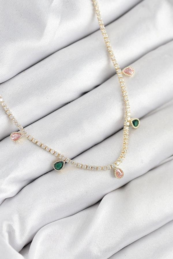 Pirinç Zirkon Taşlı Su Yolu Damla Model Gold Renk Kadın Kolye - Image 1