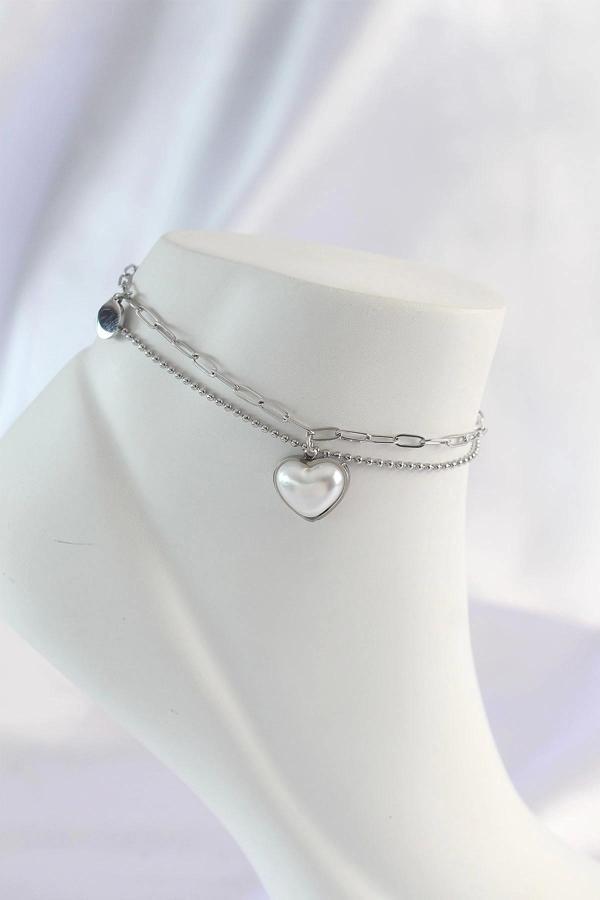 316L Çelik Gümüş Renk Beyaz Kalpli 2li Halhal - Image 1