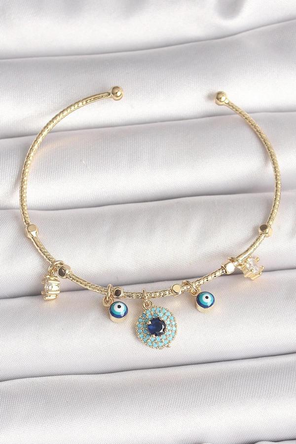 Pirinç Gold Renk Zirkon Taşlı Nazar Boncuk Detay Charm Kadın Bileklik - Image 1