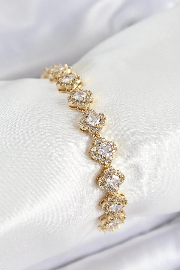 Pirinç Zirkon Taşlı Yonca Baget Model Gold Renk VIP Seri Kadın Bileklik - Image 1
