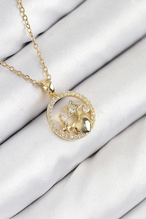 316L Çelik Zirkon Taşlı Yıldız Ve Kalp Model Gold Renk Kadın Kolye - Image 1