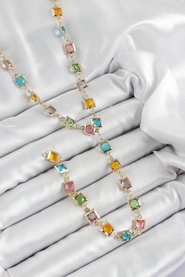 Pirinç Asorti Kare Model Gold Renk Zirkon Taşlı Y Kolye - Image 1