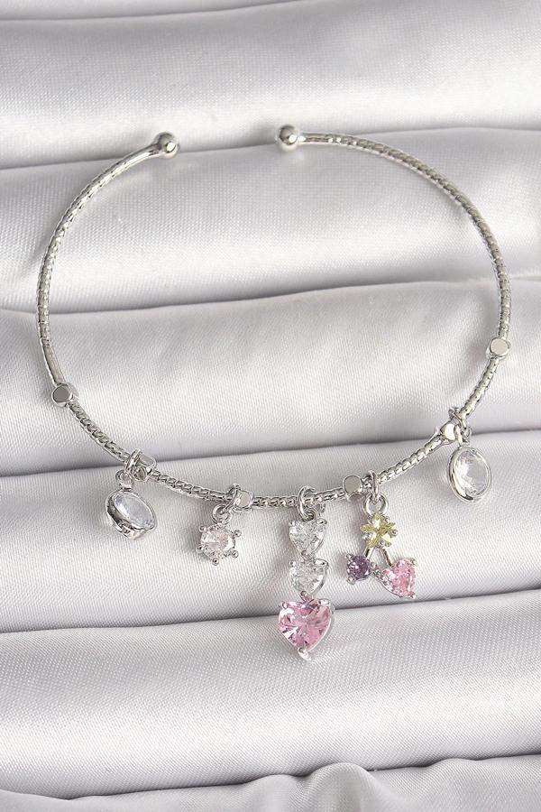 Pirinç Gümüş Renk Sallantı Zirkon Taşlı Kalp Figür Charm Kadın Bileklik - Image 1