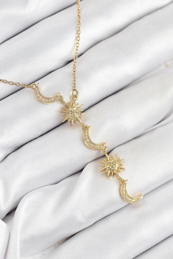 316L Çelik Zirkon Taşlı Güneş Ve Ay Model Gold Renk Kadın Kolye - Image 1