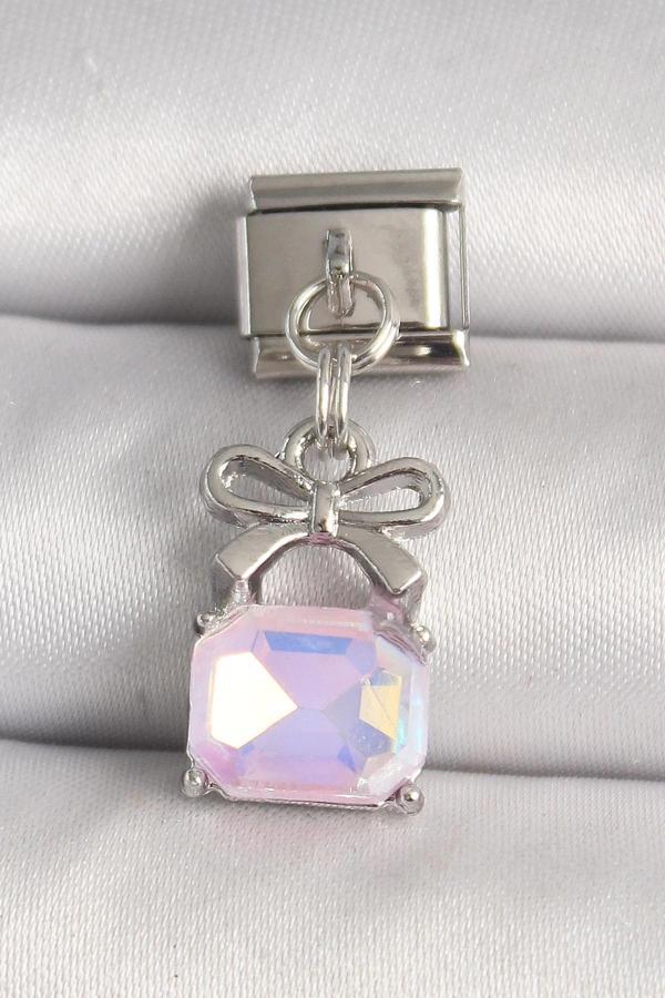 316L Çelik Gümüş Renk Pembe Zirkon Taşlı Çanta Model Nomination Charm - Image 1