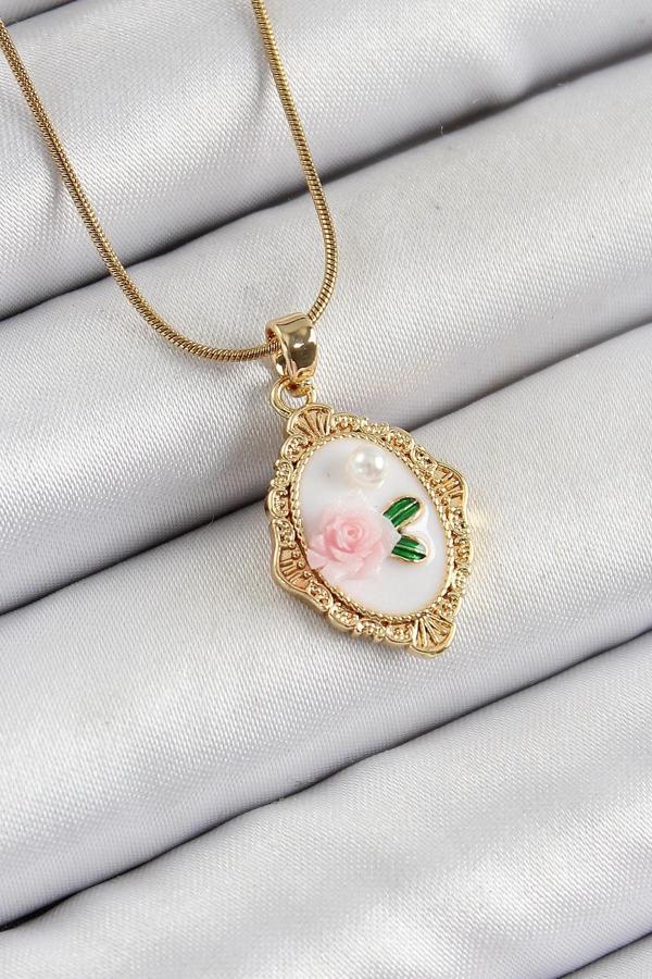 316L Çelik Zincir Beyaz Sanatsal Portre İnci Detaylı Gül Figürlü Model Gold Renk Kadın Kolye - Image 1