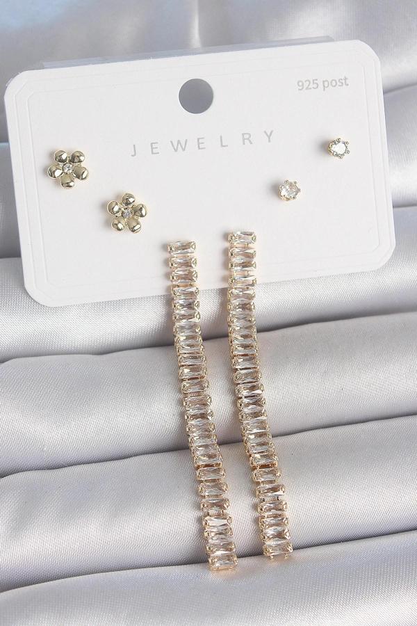 Pirinç Gold Renk Su Yolu Zirkon Taşlı Sallantı Model Çiçek Detay 925 Ayar Gümüş Çivi Kadın Küpe Seti - Image 1