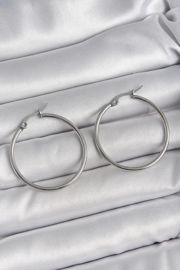 316 Çelik Gümüş Renk 33 mm Halka Model Kadın Küpe - Image 1