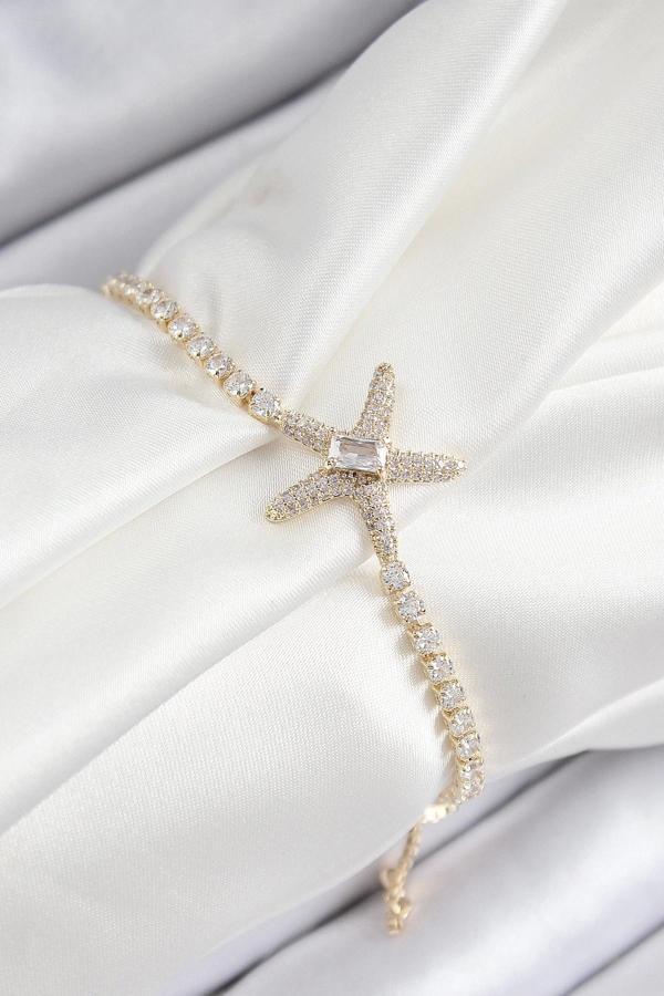 Pirinç Zirkon Taşlı Deniz Yıldızı Model Gold Renk Asansörlü Kadın Bileklik - Image 1