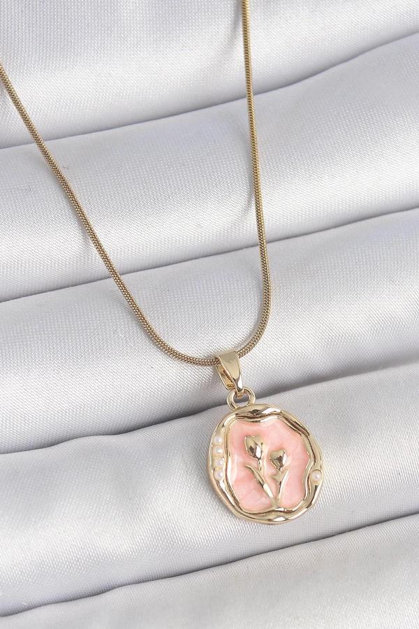 316L Çelik Gold Renk Zincir Pembe Mineli Çiçek İşlemeli Portre Model Kadın Kolye - Image 1