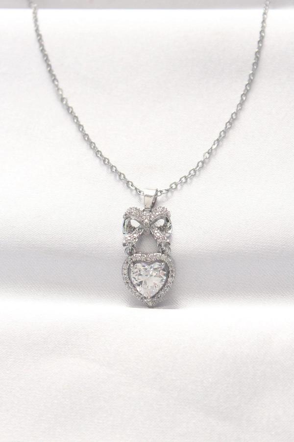 316L Çelik Silver Renk Zirkon Taşlı Kalpli Fiyonk Kolye - Image 1