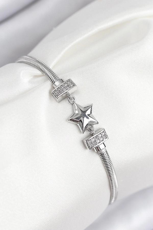 Pirinç Zirkon Taşlı Yonca Model Gümüş Renk Kadın Bileklik - Image 1