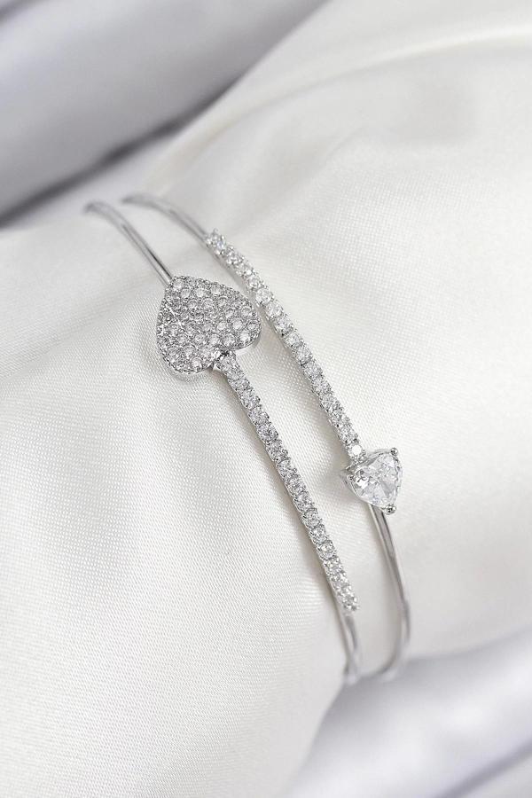 Pirinç Zirkon Taşlı Kalp Model Gümüş Renk Kadın Bileklik - Image 1