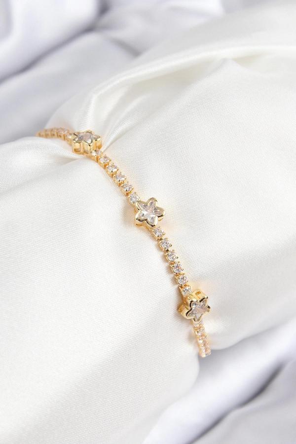 Pirinç Zirkon Taşlı Yıldız Model Gold Renk Asansörlü Kadın Bileklik - Image 1