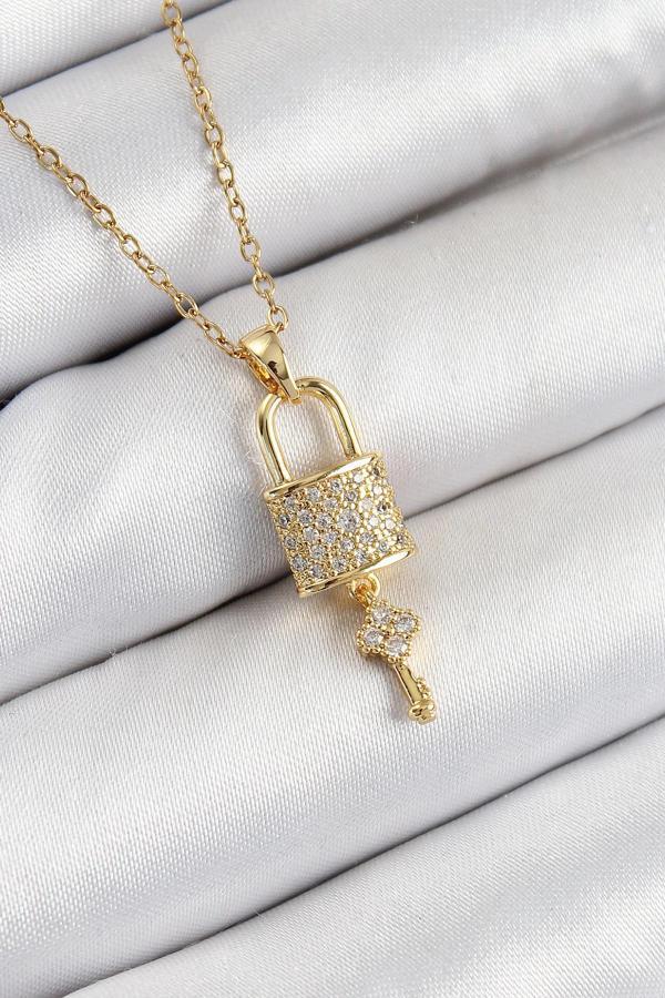 316L Çelik Zirkon Taşlı Kilit Ve Sallantılı Anahtar Model Gold Renk Kadın Kolye - Image 1
