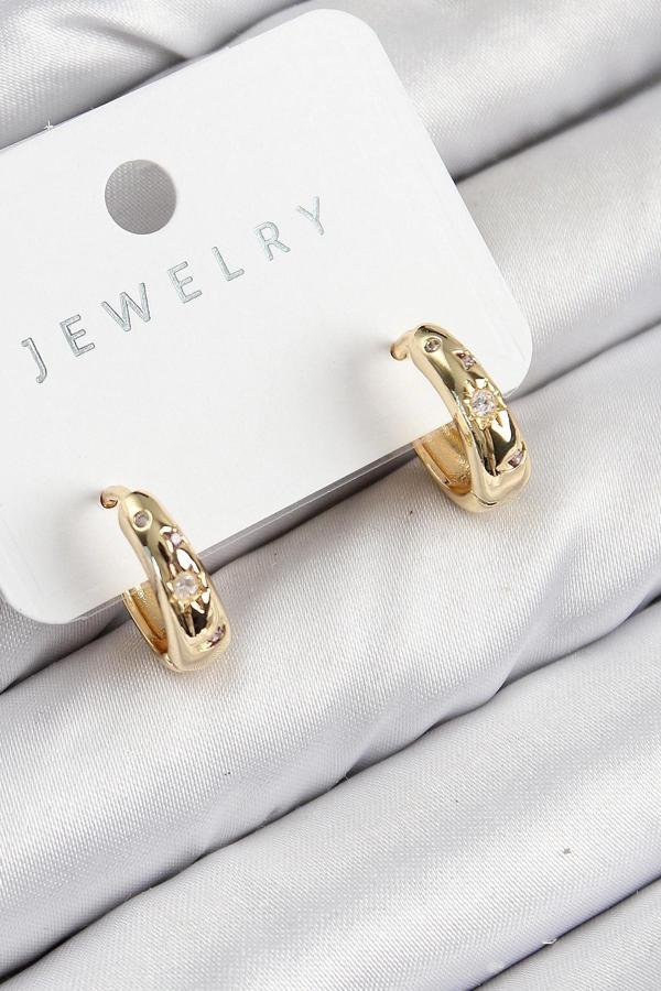 Pirinç Zirkon Taşlı Halka Model Gold Renk Kadın Küpe - Image 1