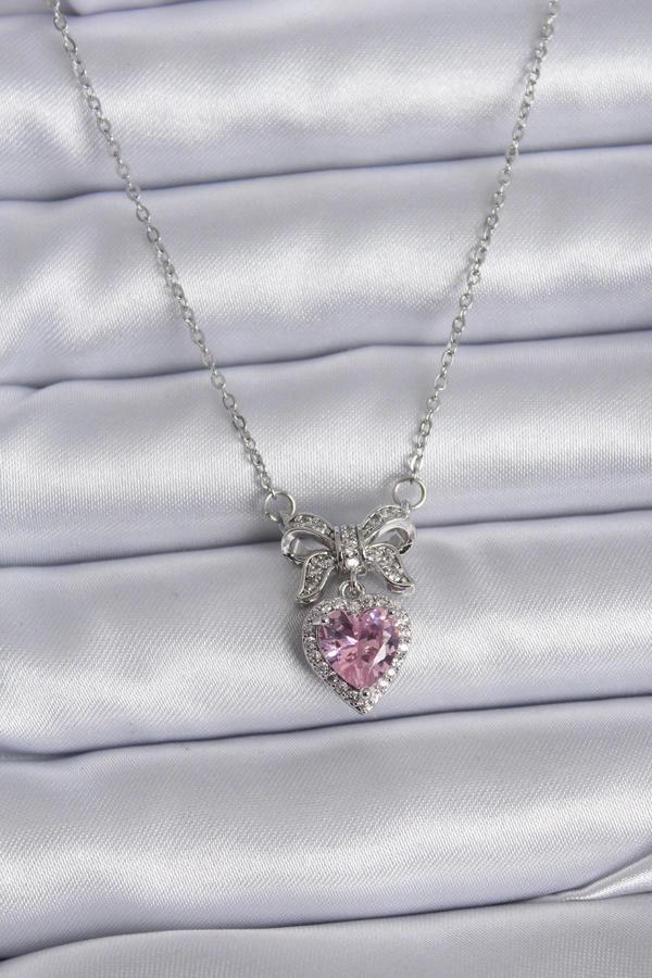 316L Çelik Gümüş Renk Zincir Pembe Kristal Kalp Zirkon Taşlı Kurdele Model Kadın Kolye - Image 1