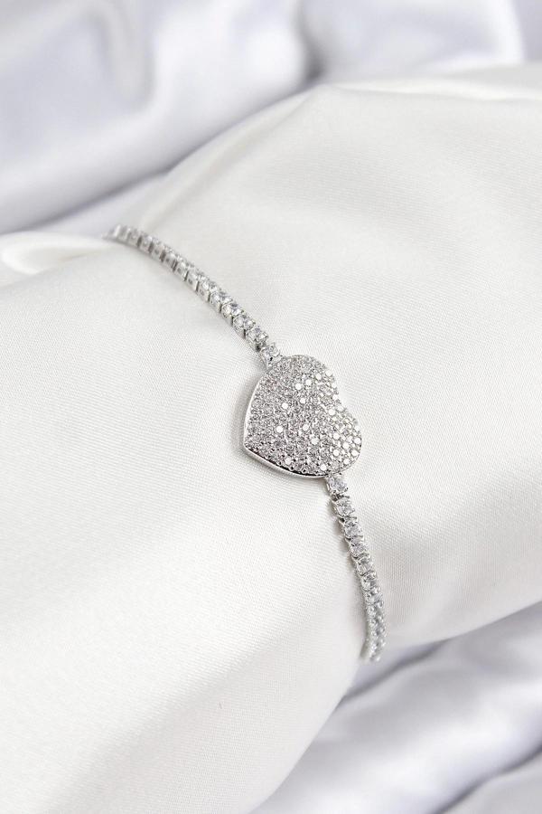 Pirinç Zirkon Taşlı Kalp Model Gümüş Renk Asansörlü Kadın Bileklik - Image 1