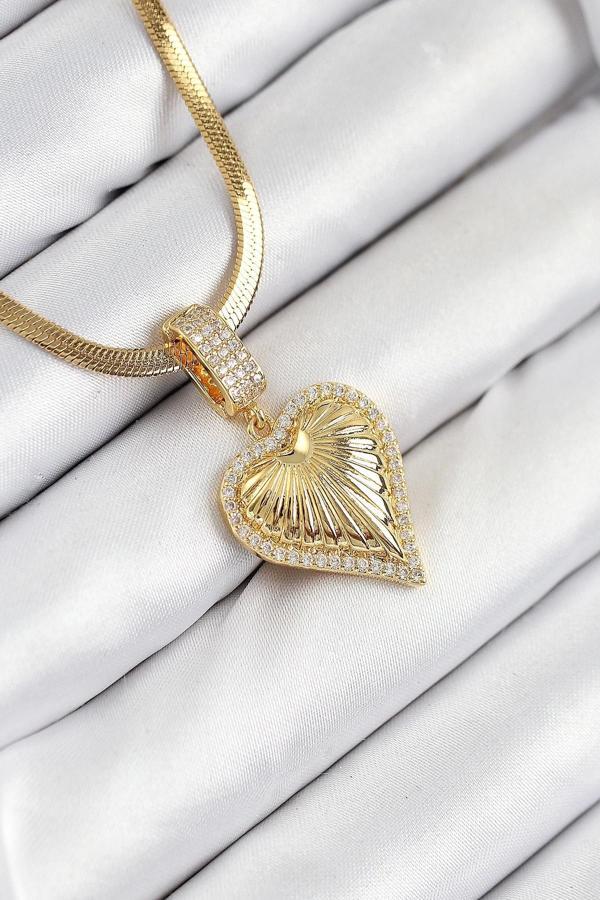 316L Çelik Zirkon Taşlı Kalp Model Gold Renk Kadın Kolye - Image 1