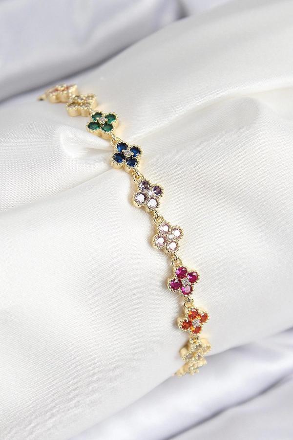 VIP Pirinç Renkli Zirkon Taşlı Yonca Model Gold Renk Kadın Bileklik - Image 1