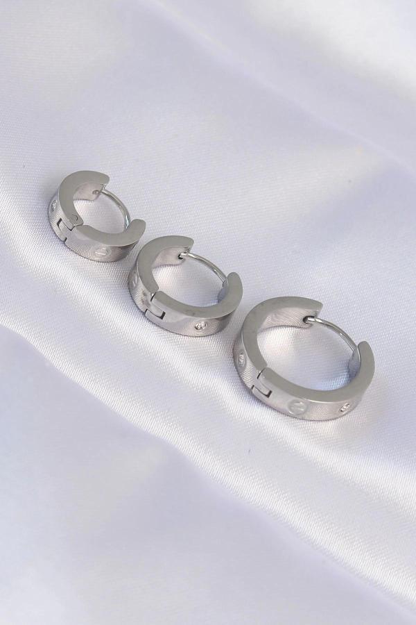 316L Çelik Gümüş Renk Zirkon Taşlı Model 3lü Halka Küpe - Image 1