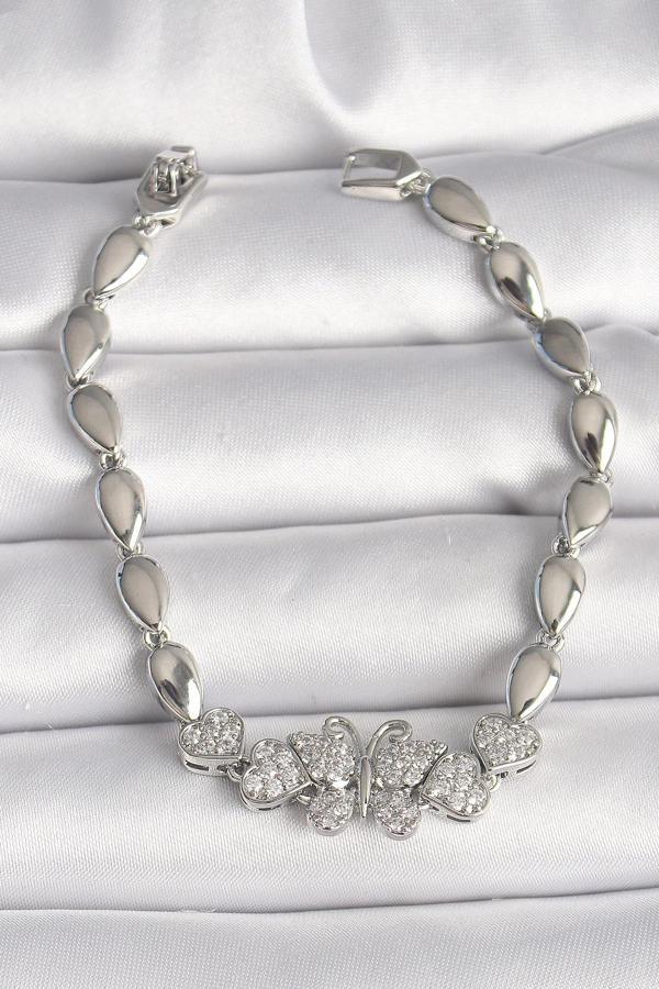 Pirinç Gümüş Renk Zirkon Taşlı Kelebek Figür Damla Zincir Model Kadın Bileklik - Image 1