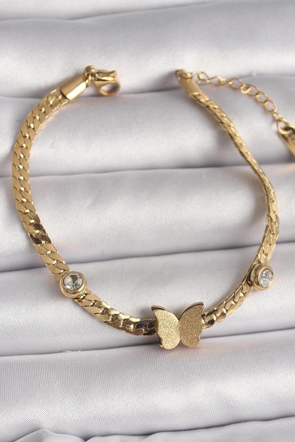 316L Çelik Gold Renk Yassı Zincir Zirkon Taşlı Simli Kelebek Figür Kadın Bileklik - Image 1