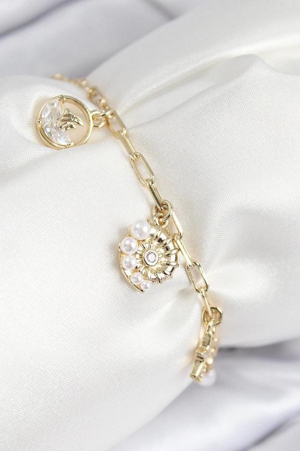 Pirinç Zirkon Taşlı Deniz Kabuğu Model Gold Renk Kadın Bileklik - Image 1