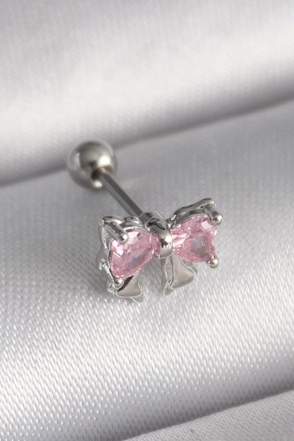316L Çelik Gümüş Renk Pembe Zirkon Taşlı Fiyonk Tragus Piercing - Image 1