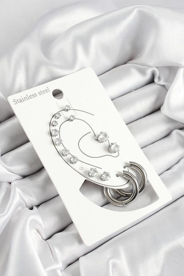 316L Çelik Halka Figürlü Ve Zirkon Taşlı Gümüş Renk 7'li Çift Kadın Küpe Set - Image 1